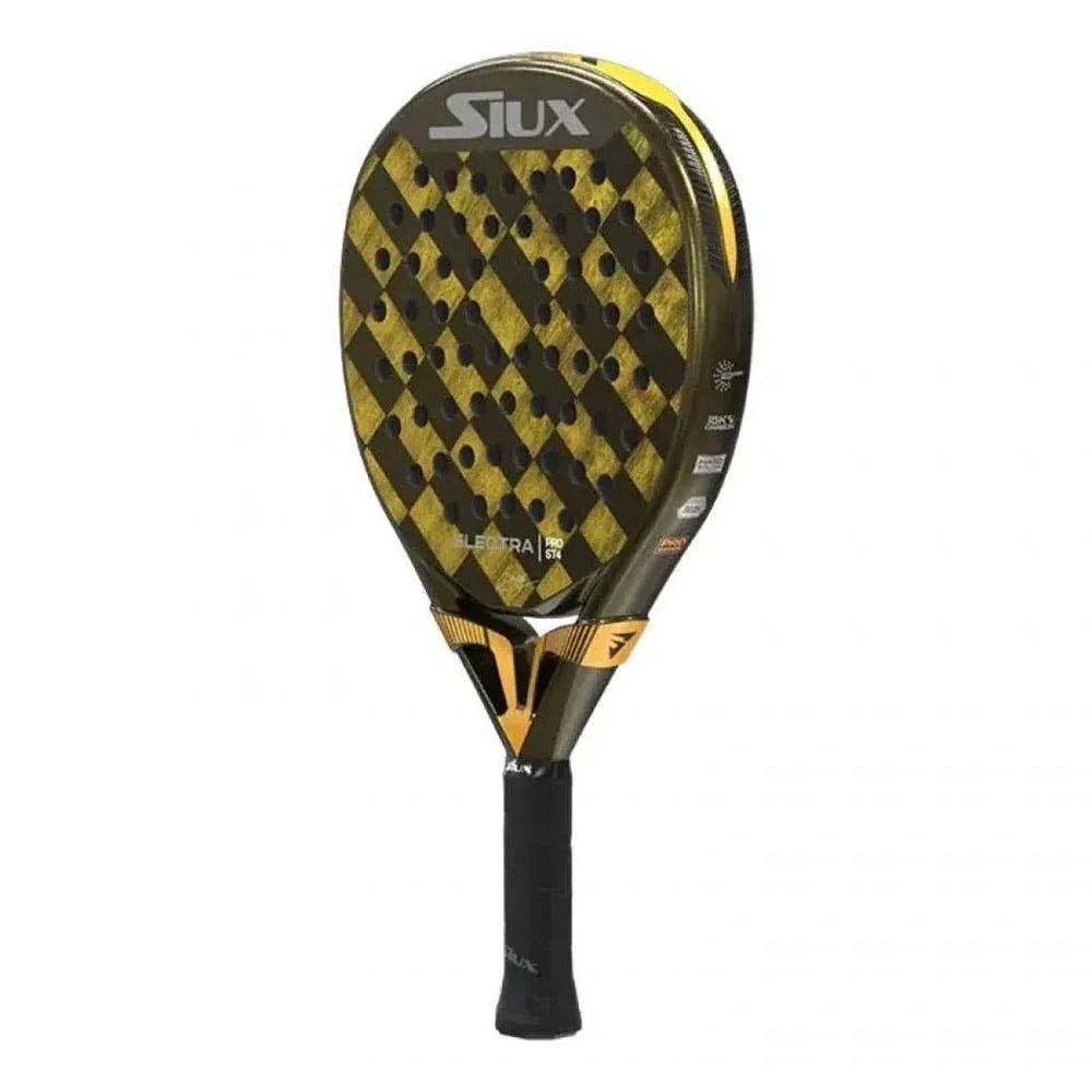 Siux Electra ST4 Pro Stupa 2025 padel racket for advanced players, featuring 15K carbon faces, EVA Hard core, hybrid shape, and a sandy finish for enhanced effects. Perfect for competitive play with a medium-hard touch.