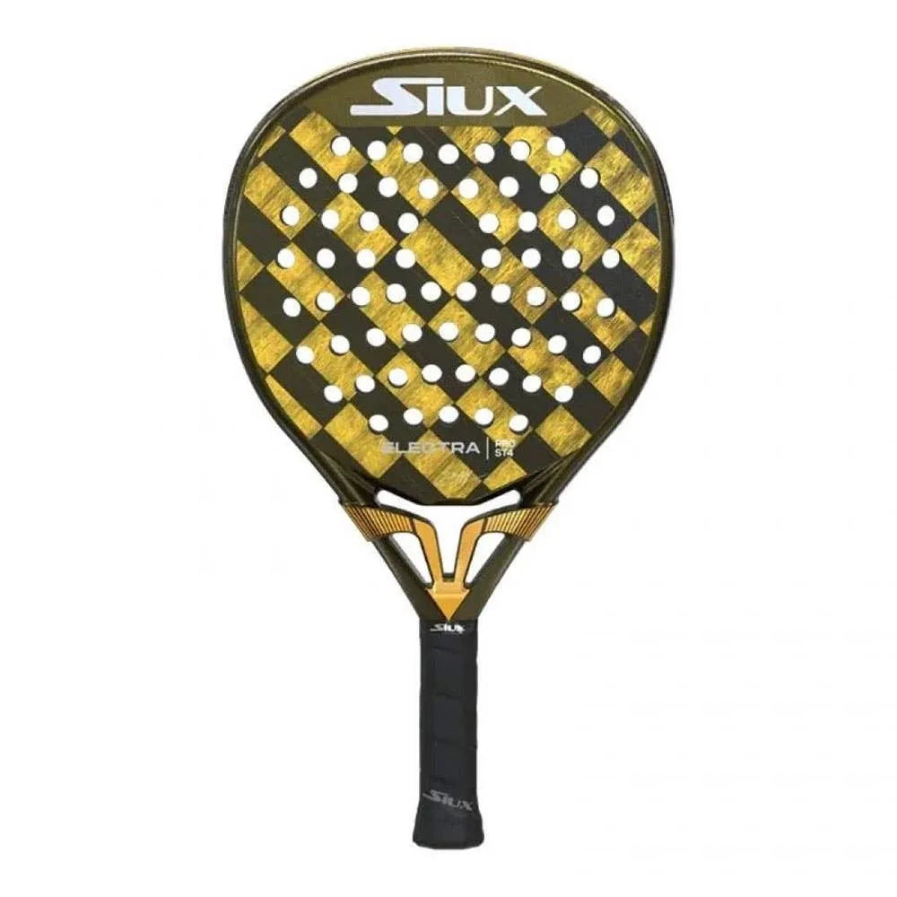 Siux Electra ST4 Pro Stupa 2025 padel racket for advanced players, featuring 15K carbon faces, EVA Hard core, hybrid shape, and a sandy finish for enhanced effects. Perfect for competitive play with a medium-hard touch.
