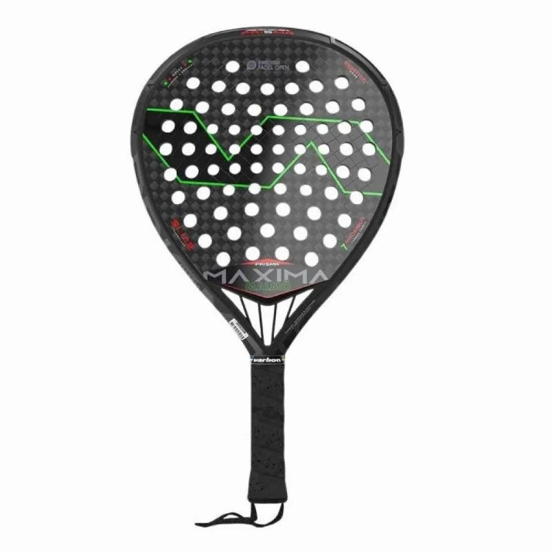 Varlion Maxima WPT Malmö is a professional padel racket with a hybrid tear shape, medium-high balance, and medium touch, featuring a durable carbon fiber construction and PRISMA Frame technology for enhanced maneuverability.
