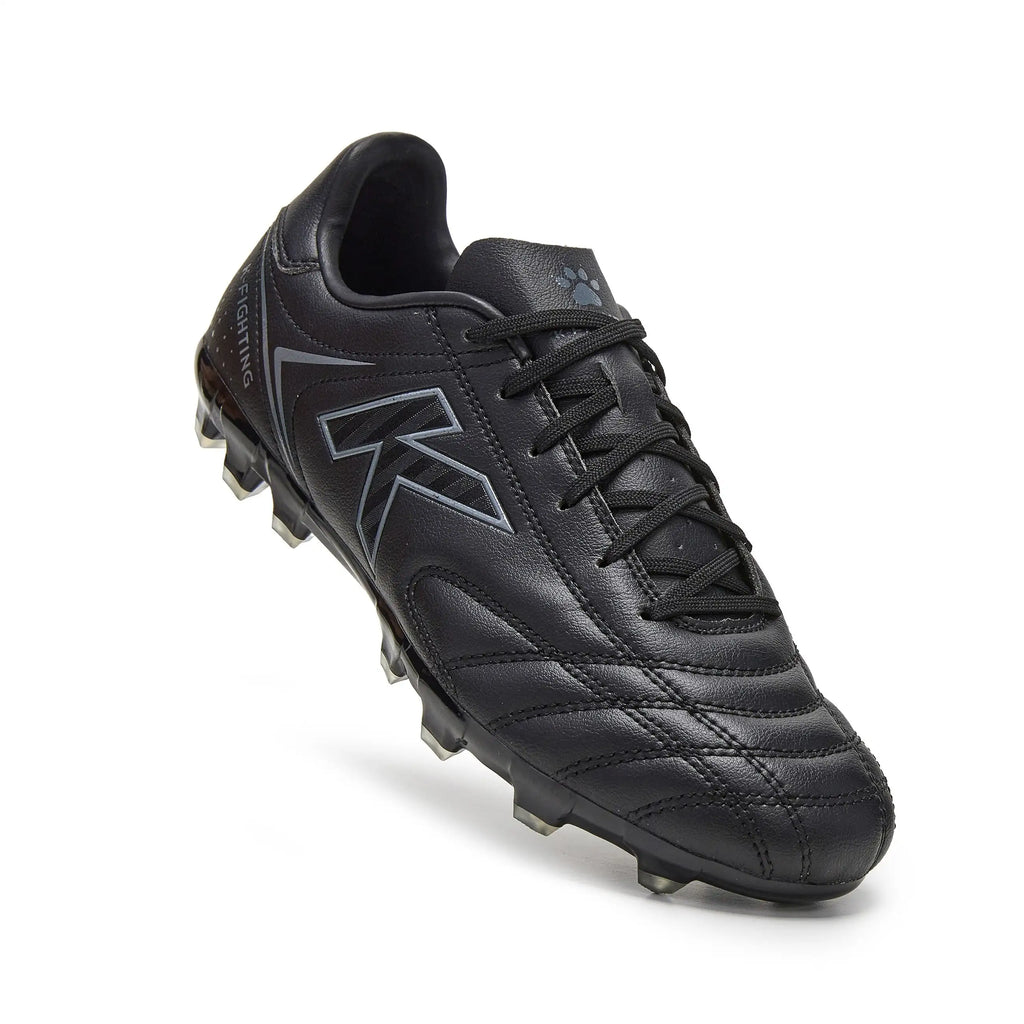 Kelme New Millenia Black Soccer Boots - 100% synthetic leather, modern design, lightweight for speed, with traction technology for optimal grip, perfect for players of all levels in Spring/Summer 2025.