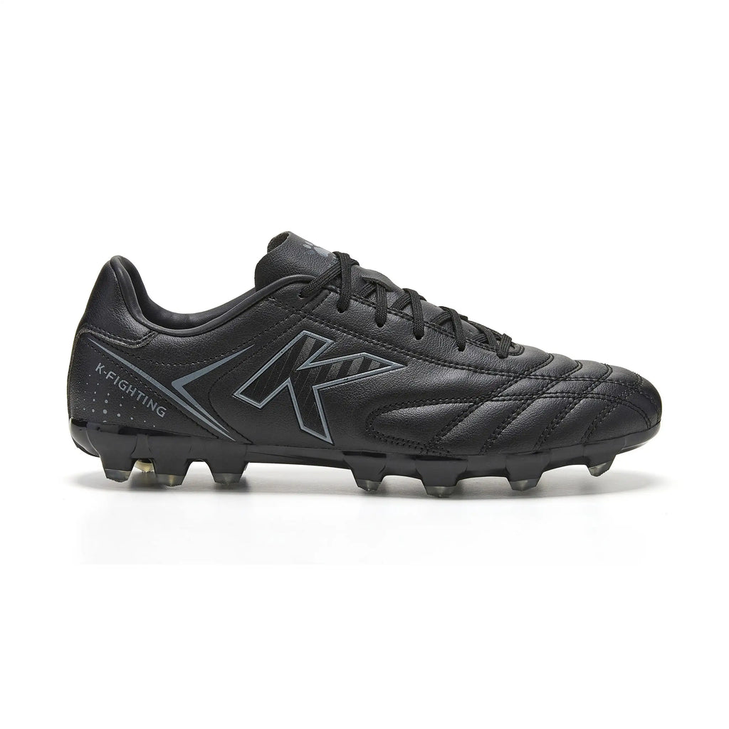 Kelme New Millenia Black Soccer Boots - 100% synthetic leather, modern design, lightweight for speed, with traction technology for optimal grip, perfect for players of all levels in Spring/Summer 2025.