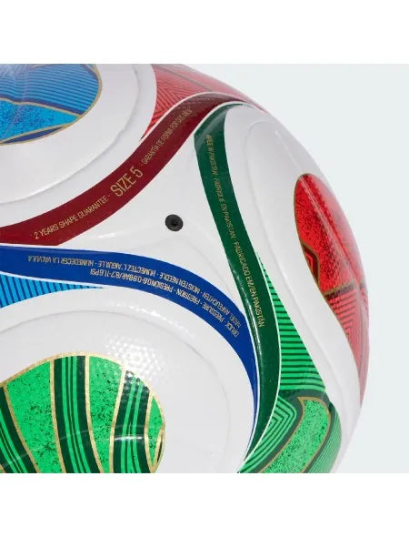 Adidas JD8032 Soccer Ball, 350g, made of 100% recycled TPU with a laminated surface in White/Royal Blue/Solar Blue/Power Red for precision indoor play.
