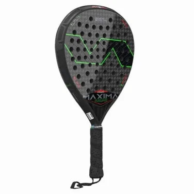 Varlion Maxima WPT Malmö is a professional padel racket with a hybrid tear shape, medium-high balance, and medium touch, featuring a durable carbon fiber construction and PRISMA Frame technology for enhanced maneuverability.