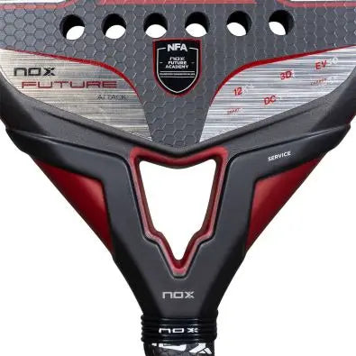 Nox Future Attack 12K Alum 2025 Padel Racket, designed for advanced players with 12K carbon, rough 3K surface for improved control, diamond shape for high balance, and EV50 rubber for optimal ball response.