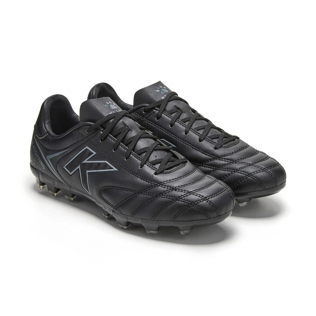 Kelme New Millenia Black Soccer Boots - 100% synthetic leather, modern design, lightweight for speed, with traction technology for optimal grip, perfect for players of all levels in Spring/Summer 2025.