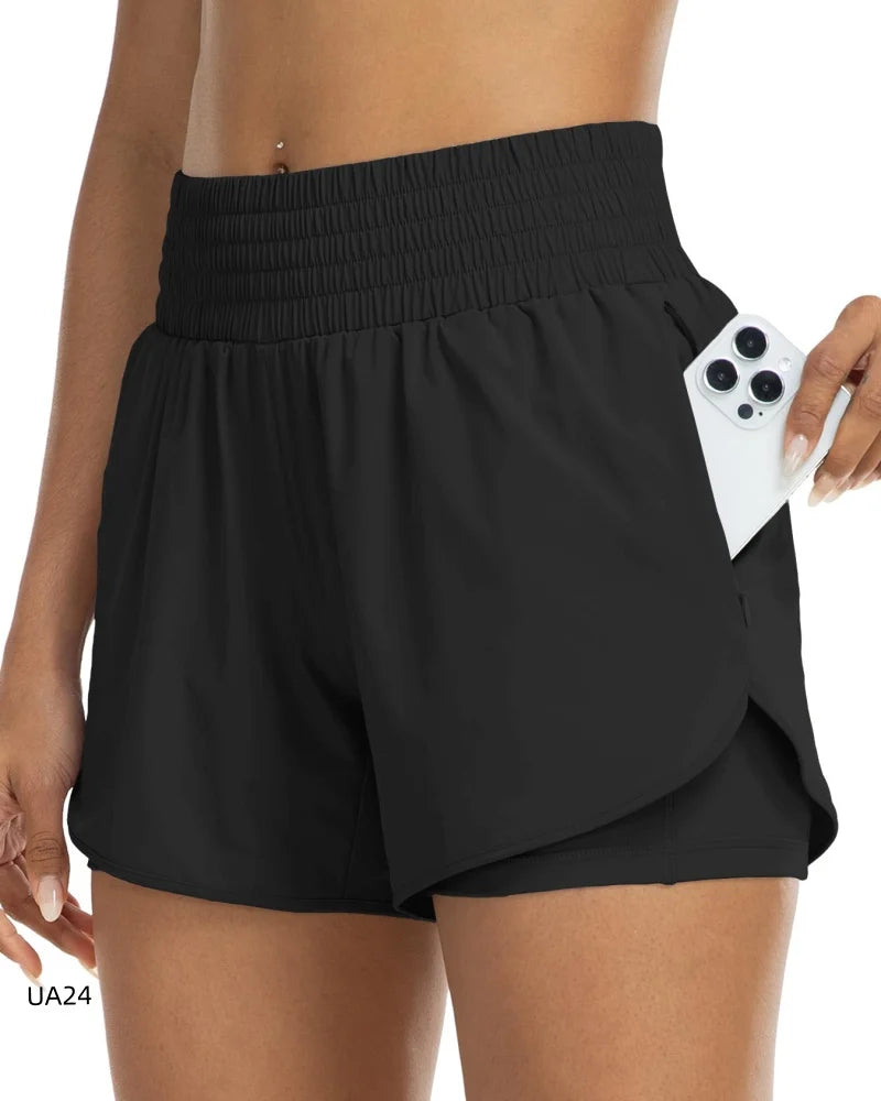 Women's High-Waisted 2-in-1 Quick-Dry Shorts with Zipper Pocket Elastic Waist for Workout Running Gym Yoga Fitness Sportswear