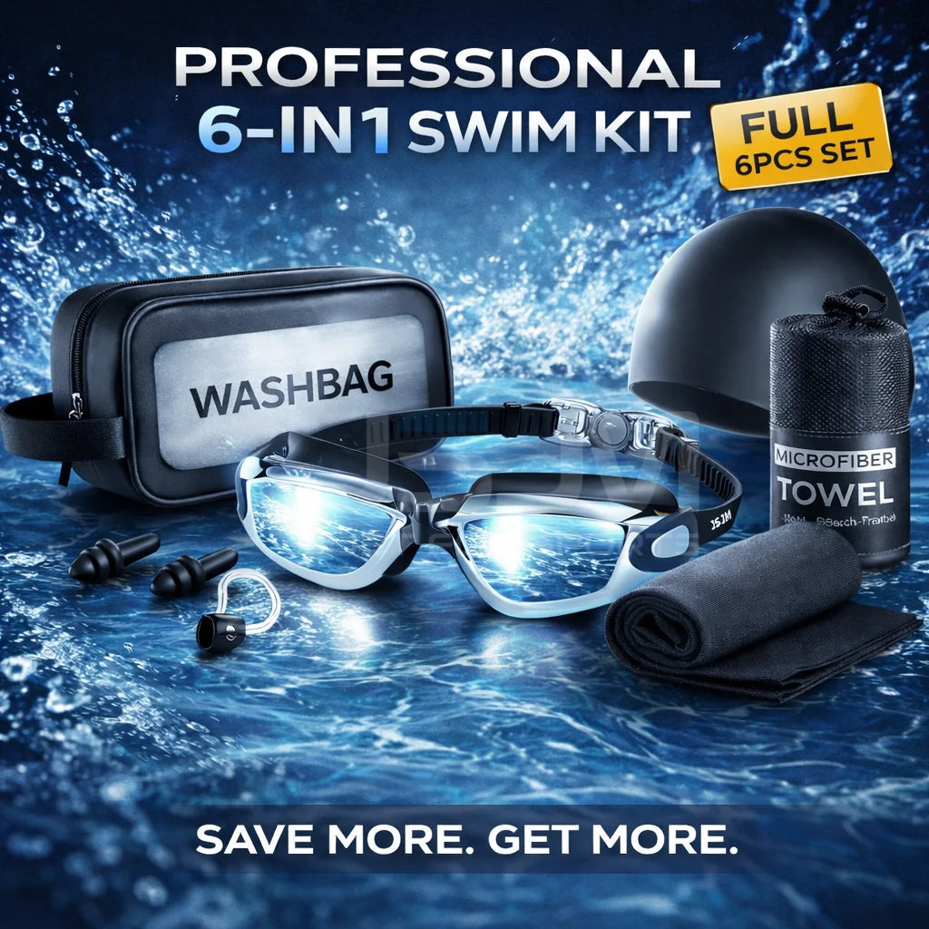 JSJM Premium Professional Full Swim Kit Premium Anti-Fog Goggles With Quick-Dry Towel Swim Cap And Waterproof Storage Bag