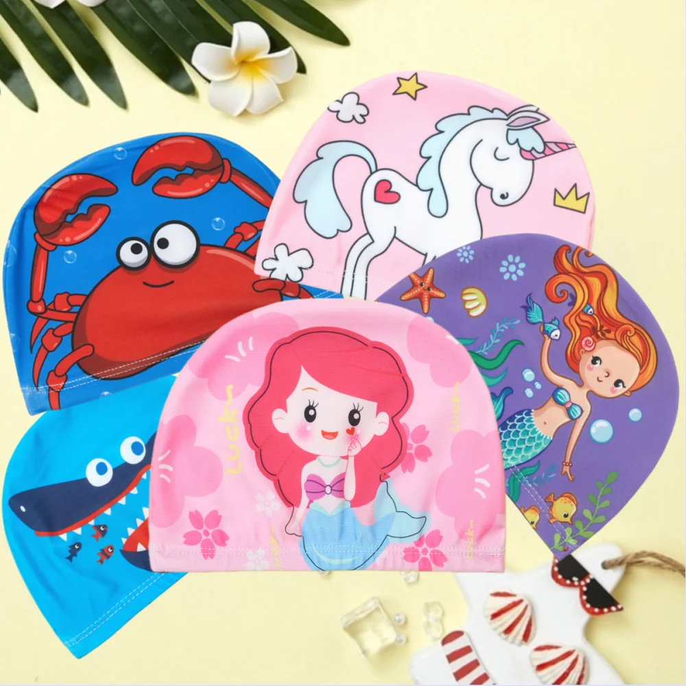 Children Cartoon Swimming Cap Kids Elastic Fabric Swiming Pool Water Sport Protect Ears Hat Swim Bathing Hats Caps Boys Girls