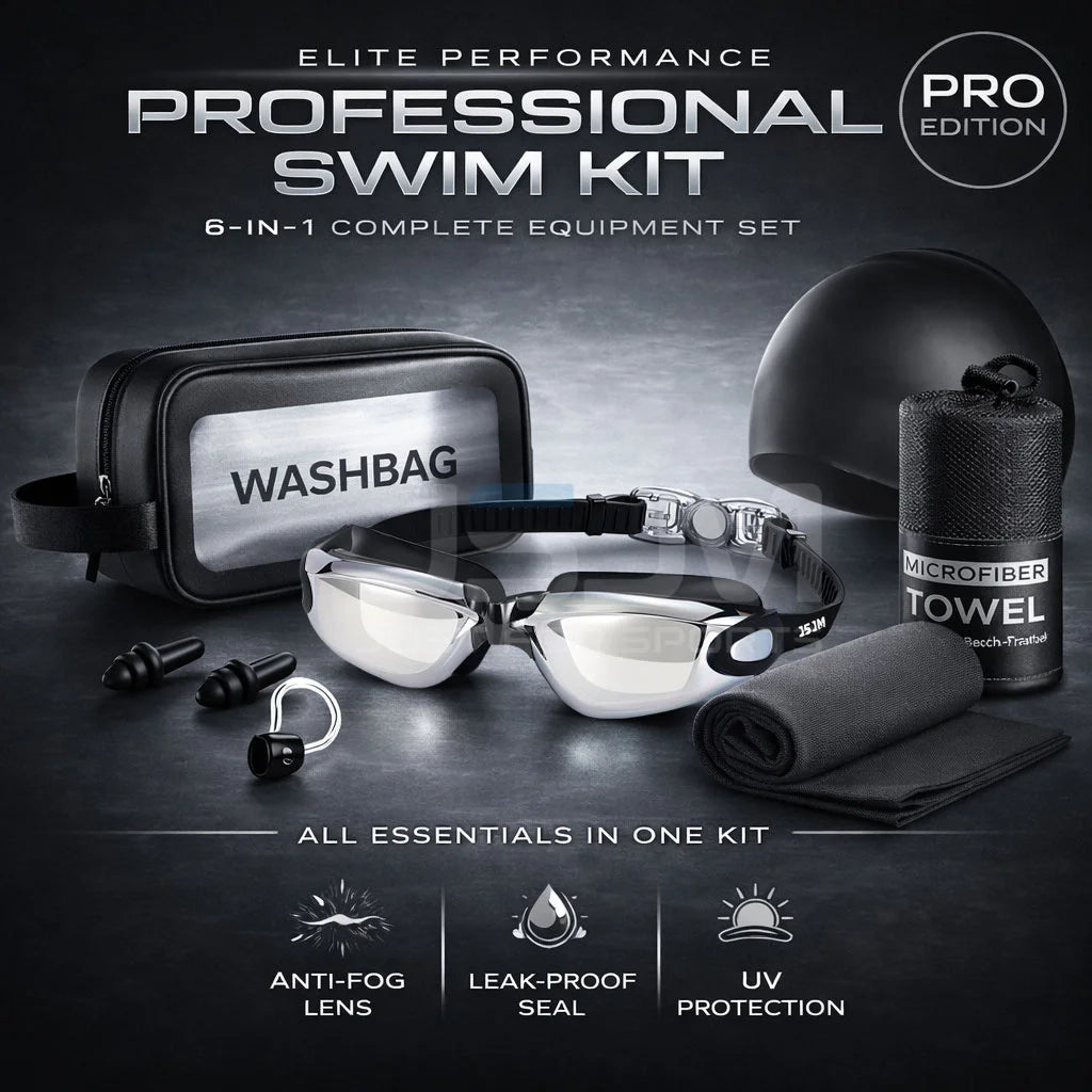 JSJM Premium Professional Full Swim Kit Premium Anti-Fog Goggles With Quick-Dry Towel Swim Cap And Waterproof Storage Bag