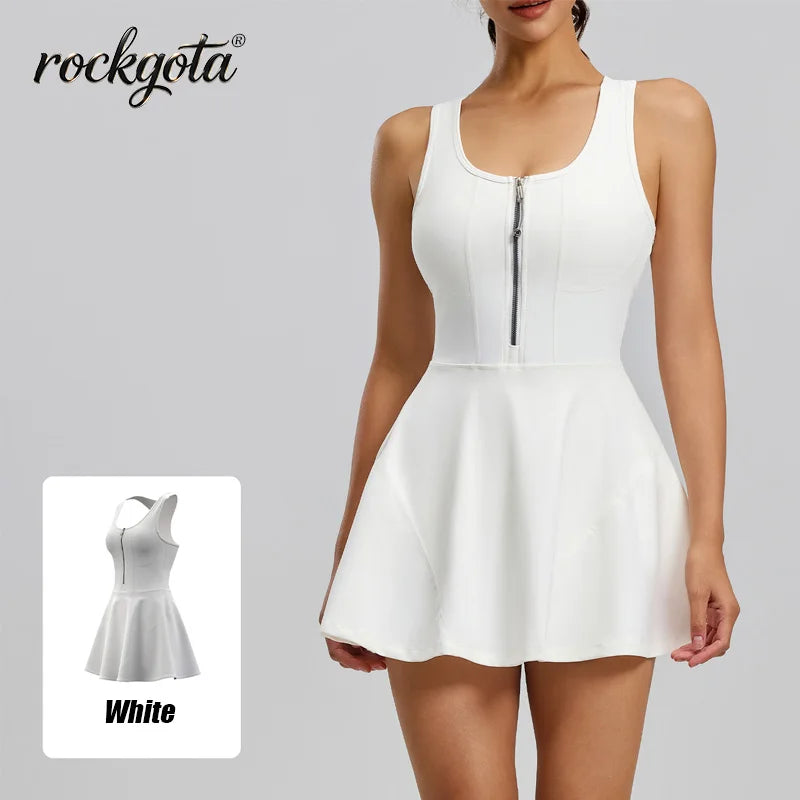 Rockgota Women Front Zip Tank Tennis Dress Built-in Shorts U Neck Sleeveless Athletic Skort Dress Quick Dry Golf  Workout Yoga D