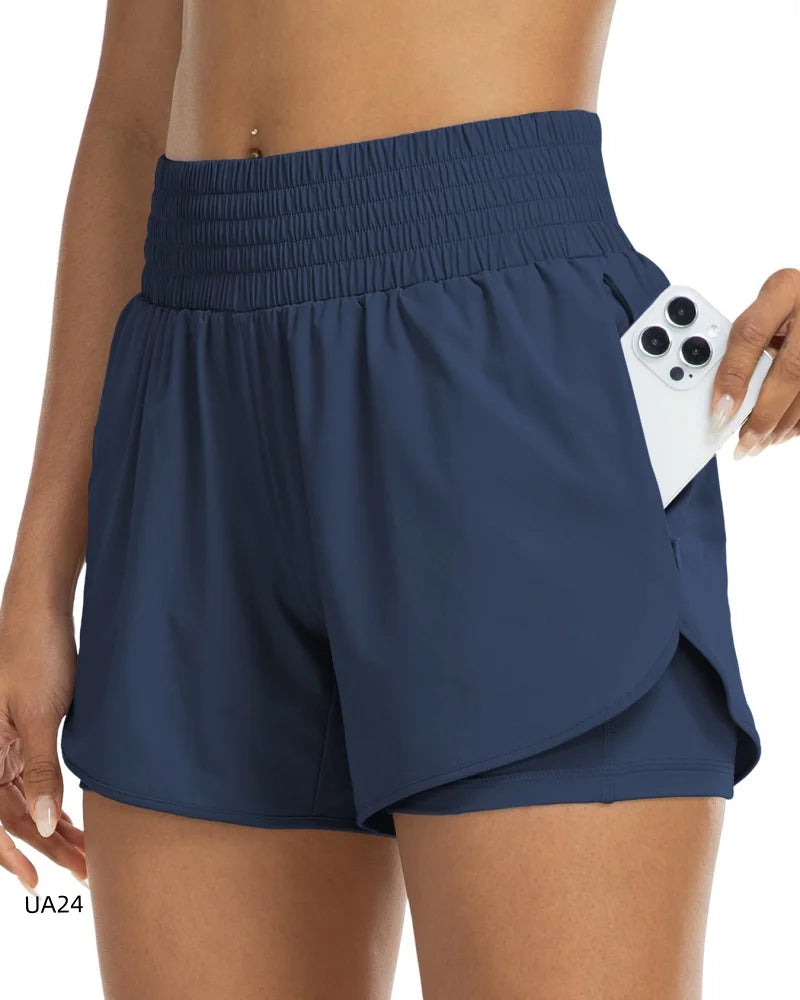 Women's High-Waisted 2-in-1 Quick-Dry Shorts with Zipper Pocket Elastic Waist for Workout Running Gym Yoga Fitness Sportswear