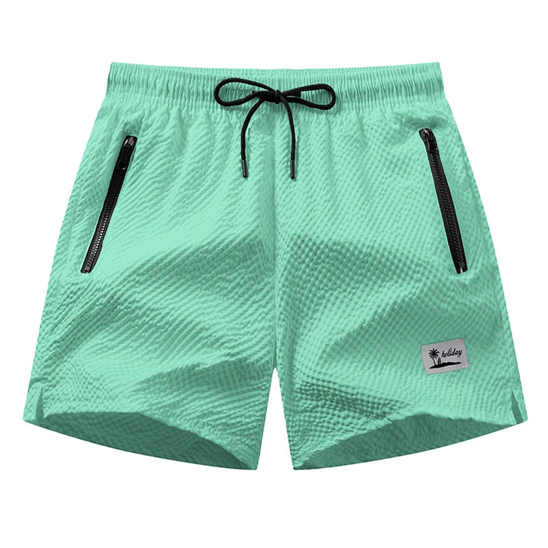 Men's Seersucker Beach Shorts with Mesh Liner Summer Casual Board Shorts with Zipper Pockets Quick Dry Swim Shorts Swim Trunks