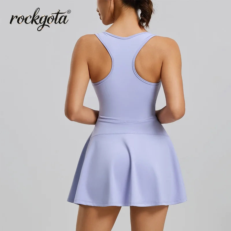 Rockgota Women Front Zip Tank Tennis Dress Built-in Shorts U Neck Sleeveless Athletic Skort Dress Quick Dry Golf  Workout Yoga D