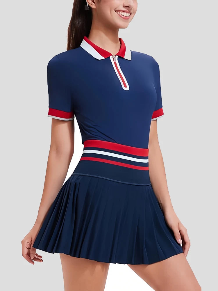 VITALINOVO Tennis Skirt Sets for Women Zipper Color Block Quarter Zip Golf Polo Shirts 2 Piece Athletic Skirt Set Outfit Workout
