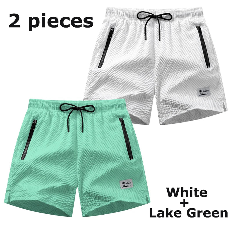 Men's Seersucker Beach Shorts with Mesh Liner Summer Casual Board Shorts with Zipper Pockets Quick Dry Swim Shorts Swim Trunks