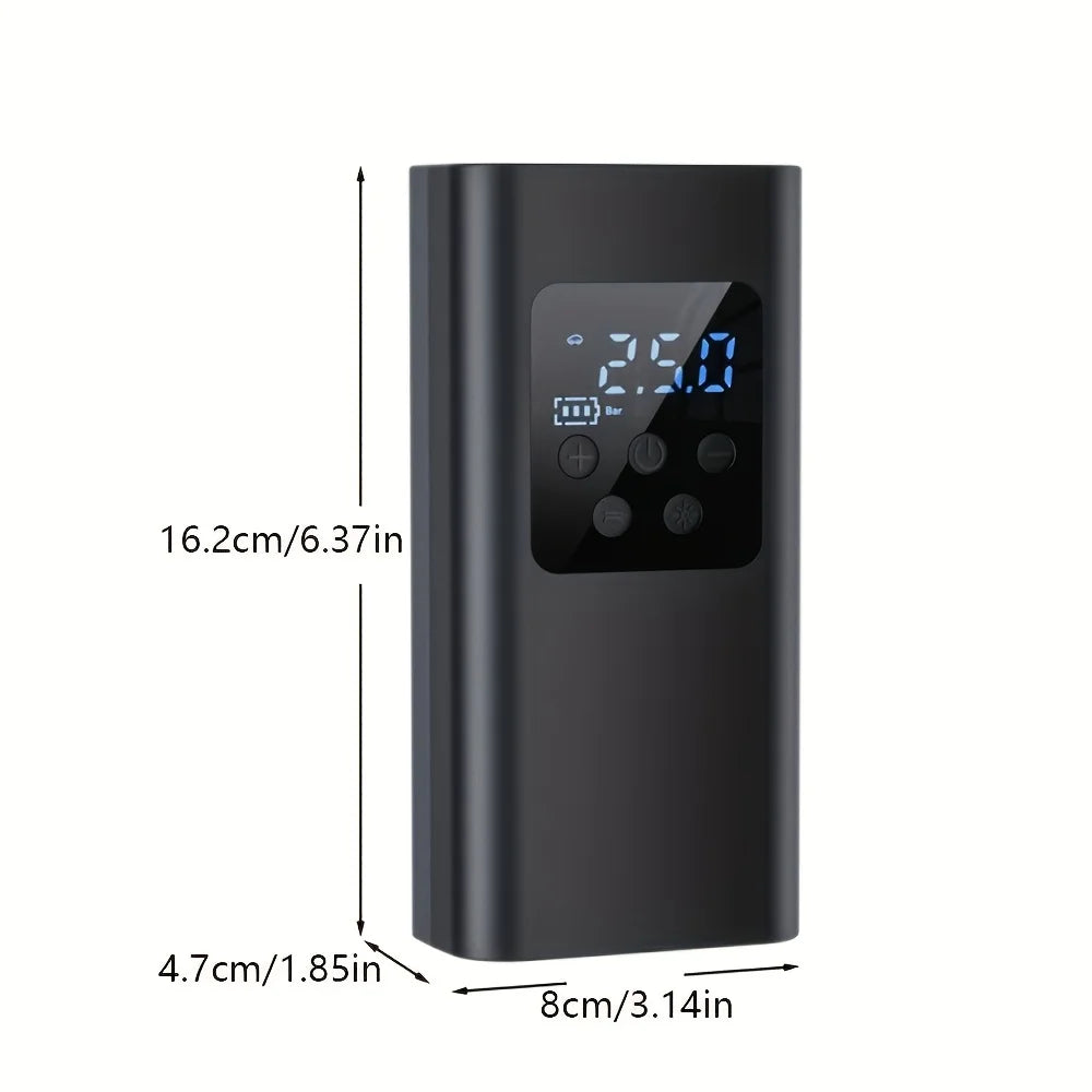 Inflador de neumáticos inalámbrico inteligente portátil con pantalla digital, inflado rápido con un solo toque y luz LED para coche, moto y bicicleta.