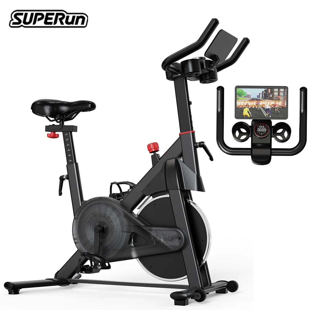 SUPERUN Bicicleta Estática de Ejercicio con Control Magnético y Soporte para Tablet, Asiento Ergonómico para Entrenamiento Indoor y Cardio