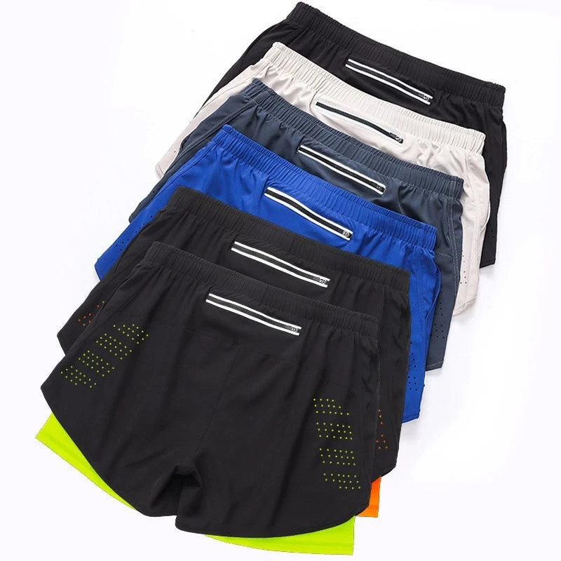 Pantalones Cortos Running Hombre — Doble Capa, Secado Rápido, Negro