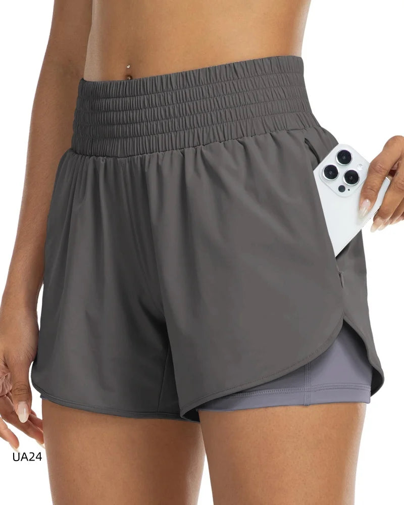 Women's High-Waisted 2-in-1 Quick-Dry Shorts with Zipper Pocket Elastic Waist for Workout Running Gym Yoga Fitness Sportswear