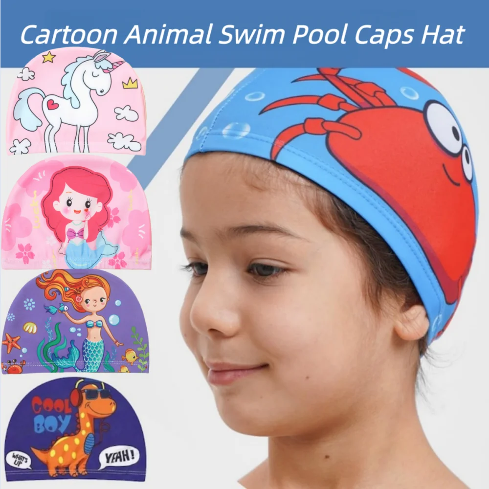 Children Cartoon Swimming Cap Kids Elastic Fabric Swiming Pool Water Sport Protect Ears Hat Swim Bathing Hats Caps Boys Girls