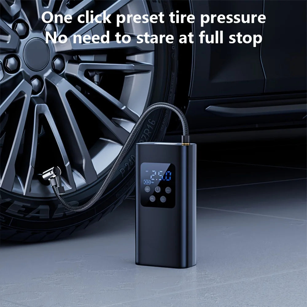 Inflador de neumáticos inalámbrico inteligente portátil con pantalla digital, inflado rápido con un solo toque y luz LED para coche, moto y bicicleta.