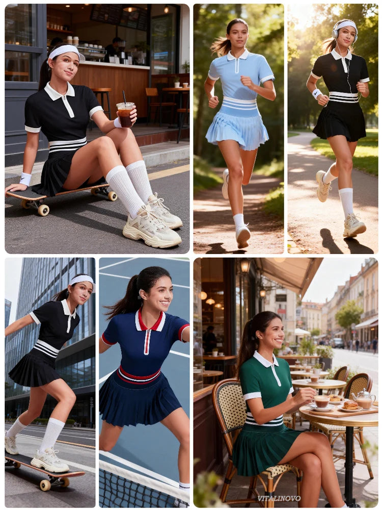 VITALINOVO Tennis Skirt Sets for Women Zipper Color Block Quarter Zip Golf Polo Shirts 2 Piece Athletic Skirt Set Outfit Workout