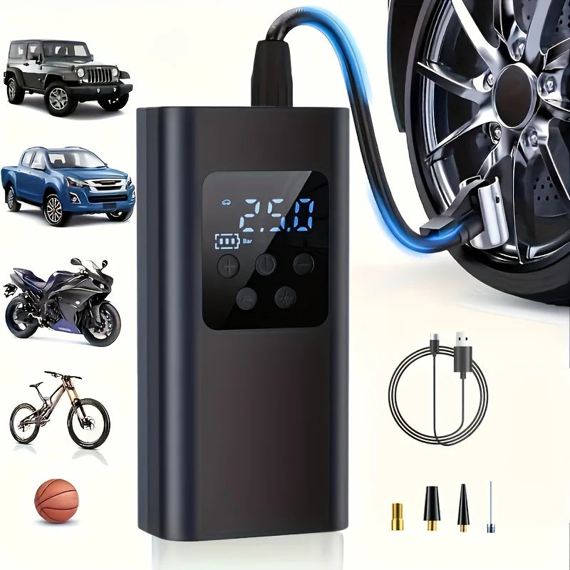 Inflador de neumáticos inalámbrico inteligente portátil con pantalla digital, inflado rápido con un solo toque y luz LED para coche, moto y bicicleta.