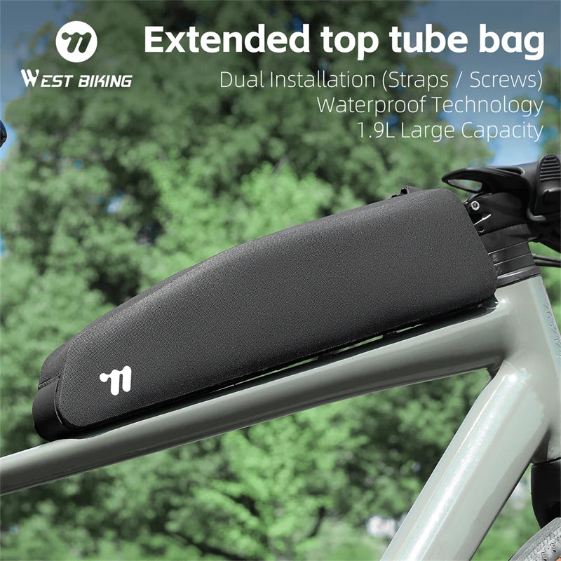 WEST BIKING Extended Bicycle Top Tube Bag 1.9L Narrow Cycling Front Frame Bag Screw&Strap Mount Waterproof BMX MTB Road Bike Bag