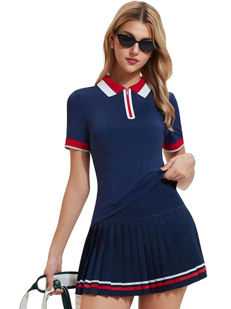 VITALINOVO Tennis Skirt Sets for Women Zipper Color Block Quarter Zip Golf Polo Shirts 2 Piece Athletic Skirt Set Outfit Workout
