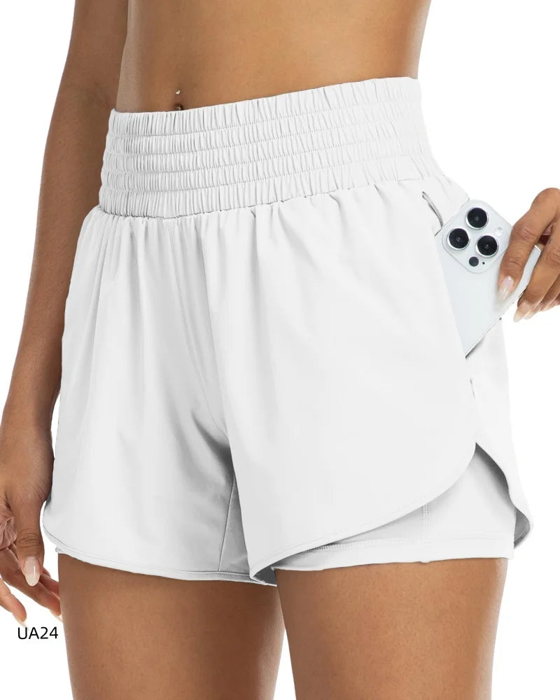 Women's High-Waisted 2-in-1 Quick-Dry Shorts with Zipper Pocket Elastic Waist for Workout Running Gym Yoga Fitness Sportswear