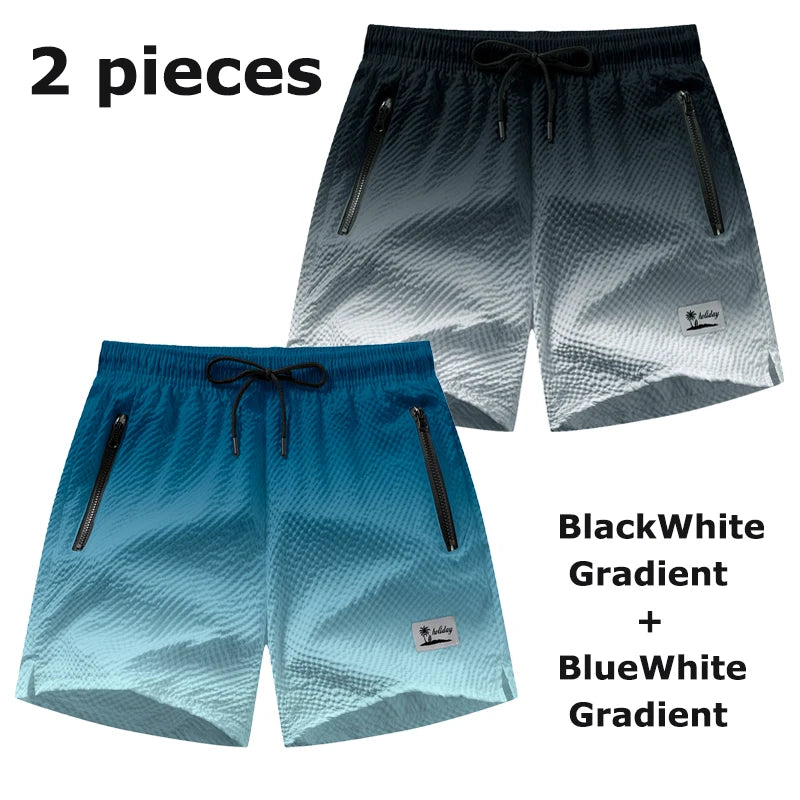 Men's Seersucker Beach Shorts with Mesh Liner Summer Casual Board Shorts with Zipper Pockets Quick Dry Swim Shorts Swim Trunks