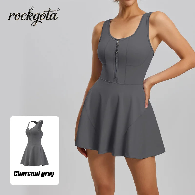 Rockgota Women Front Zip Tank Tennis Dress Built-in Shorts U Neck Sleeveless Athletic Skort Dress Quick Dry Golf  Workout Yoga D