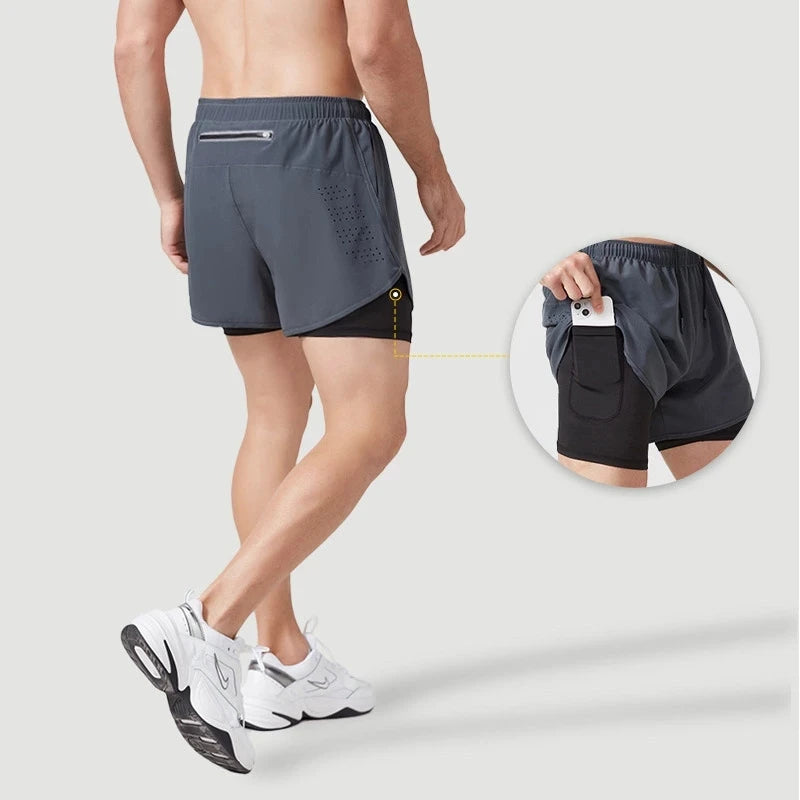 Pantalones Cortos Running Hombre — Doble Capa, Secado Rápido, Negro