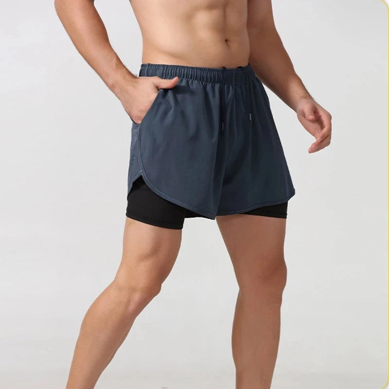 Pantalones Cortos Running Hombre — Doble Capa, Secado Rápido, Negro