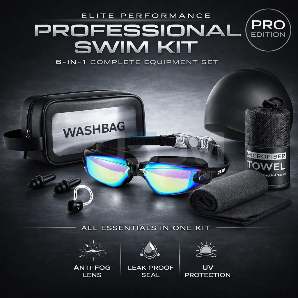 JSJM Premium Professional Full Swim Kit Premium Anti-Fog Goggles With Quick-Dry Towel Swim Cap And Waterproof Storage Bag