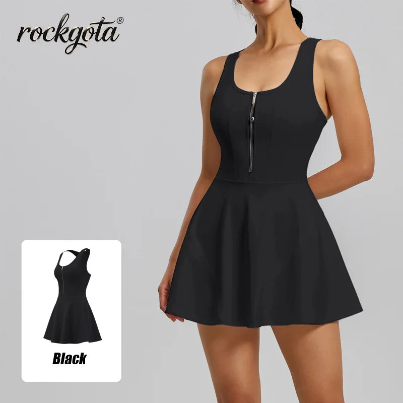 Rockgota Women Front Zip Tank Tennis Dress Built-in Shorts U Neck Sleeveless Athletic Skort Dress Quick Dry Golf  Workout Yoga D