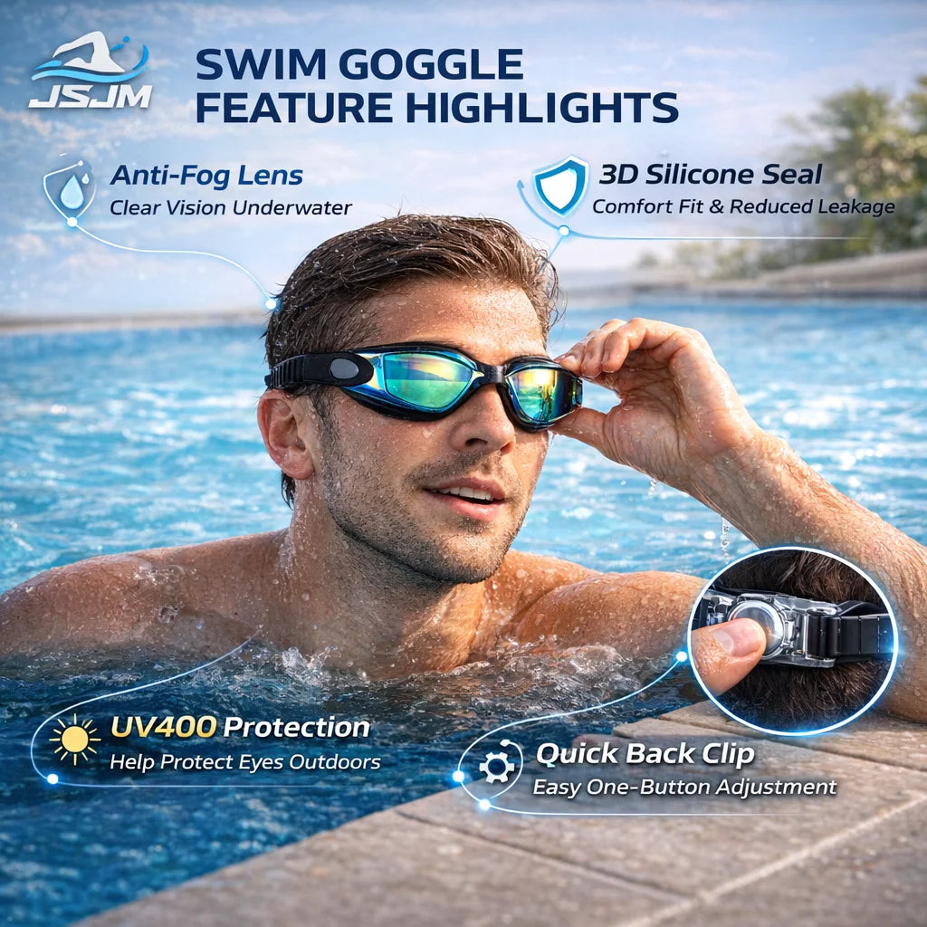 JSJM Premium Professional Full Swim Kit Premium Anti-Fog Goggles With Quick-Dry Towel Swim Cap And Waterproof Storage Bag