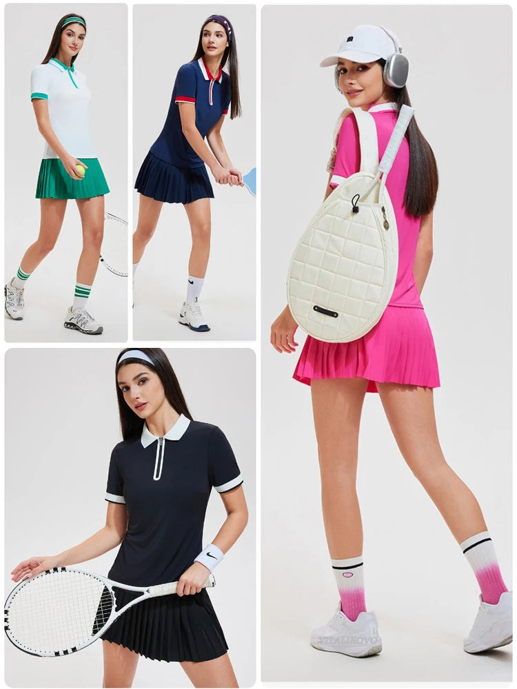 VITALINOVO Tennis Skirt Sets for Women Zipper Color Block Quarter Zip Golf Polo Shirts 2 Piece Athletic Skirt Set Outfit Workout