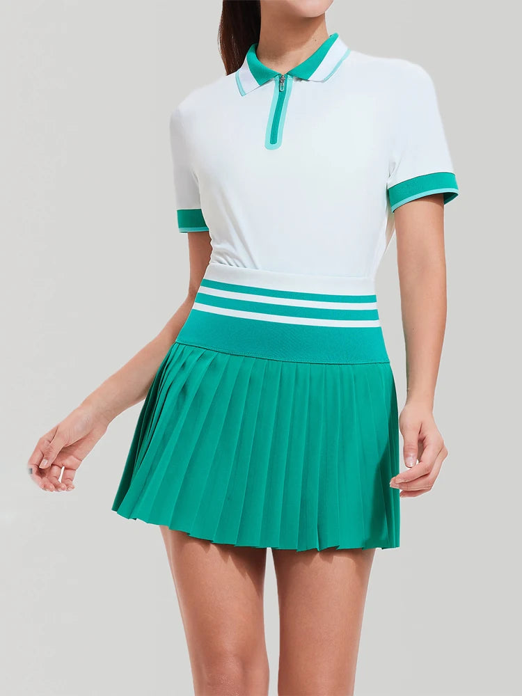 VITALINOVO Tennis Skirt Sets for Women Zipper Color Block Quarter Zip Golf Polo Shirts 2 Piece Athletic Skirt Set Outfit Workout