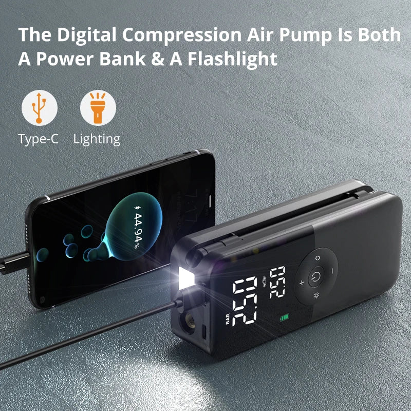 Compresor de Aire Portátil CARSUN 94 PSI – Inflador Inalámbrico Recargable con Pantalla Digital para Coche, Moto y Bicicleta