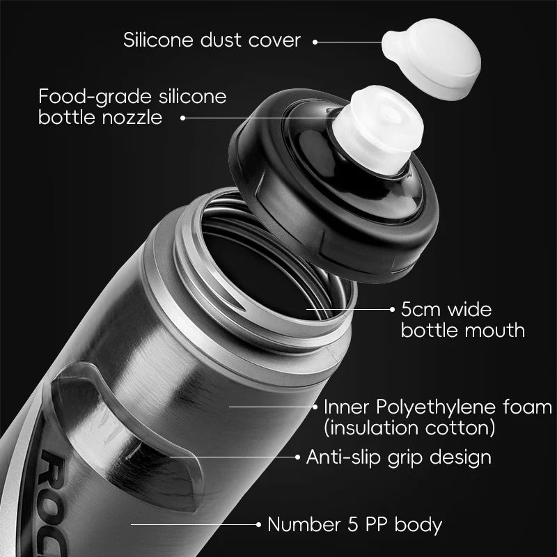 Botella de agua para ciclismo ROCKBROS de 620 ml, botella térmica de silicona con aislamiento para agua fría, ideal para deportes al aire libre, ciclismo de montaña y de carretera.