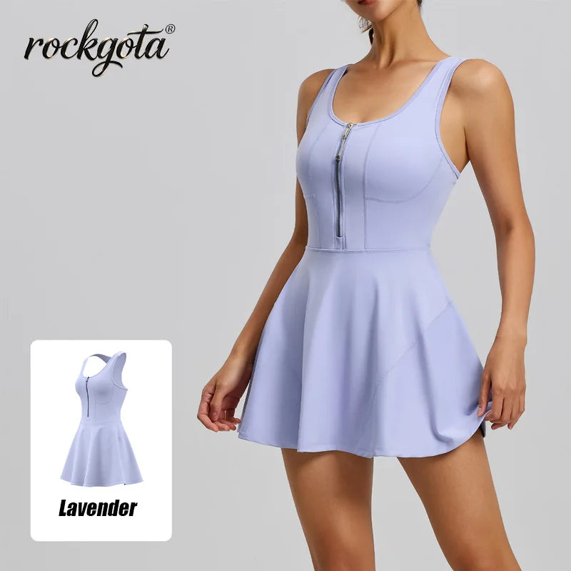 Rockgota Women Front Zip Tank Tennis Dress Built-in Shorts U Neck Sleeveless Athletic Skort Dress Quick Dry Golf  Workout Yoga D
