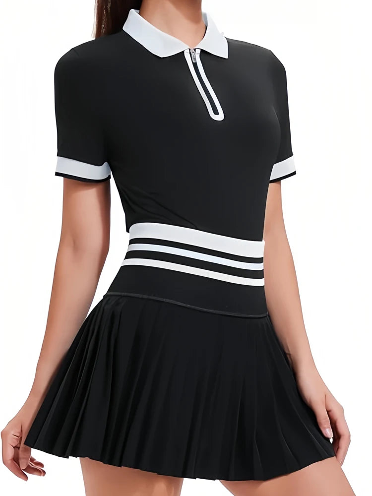 VITALINOVO Tennis Skirt Sets for Women Zipper Color Block Quarter Zip Golf Polo Shirts 2 Piece Athletic Skirt Set Outfit Workout