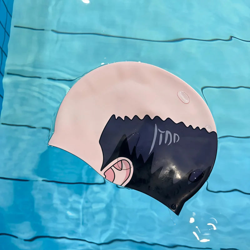Funny Bald Head Swim Cap - Mediterranean Print Silicone Swimming Hat for Cosplay & Pools (Unisex, Waterproof, Anti-Slip)