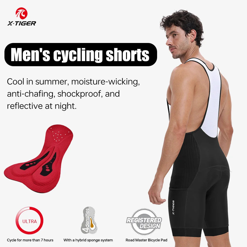 X-TIGER Men's Cycling Bib Shorts High-Waisted Breathable Quick Dry MTB Road Bike Shorts with 2 Side Pockets & Pro Padded Chamois