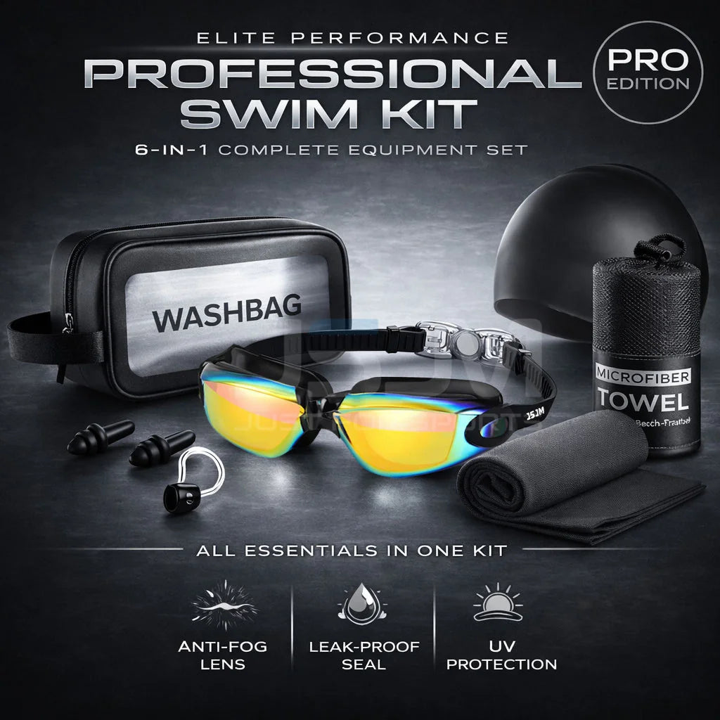 JSJM Premium Professional Full Swim Kit Premium Anti-Fog Goggles With Quick-Dry Towel Swim Cap And Waterproof Storage Bag