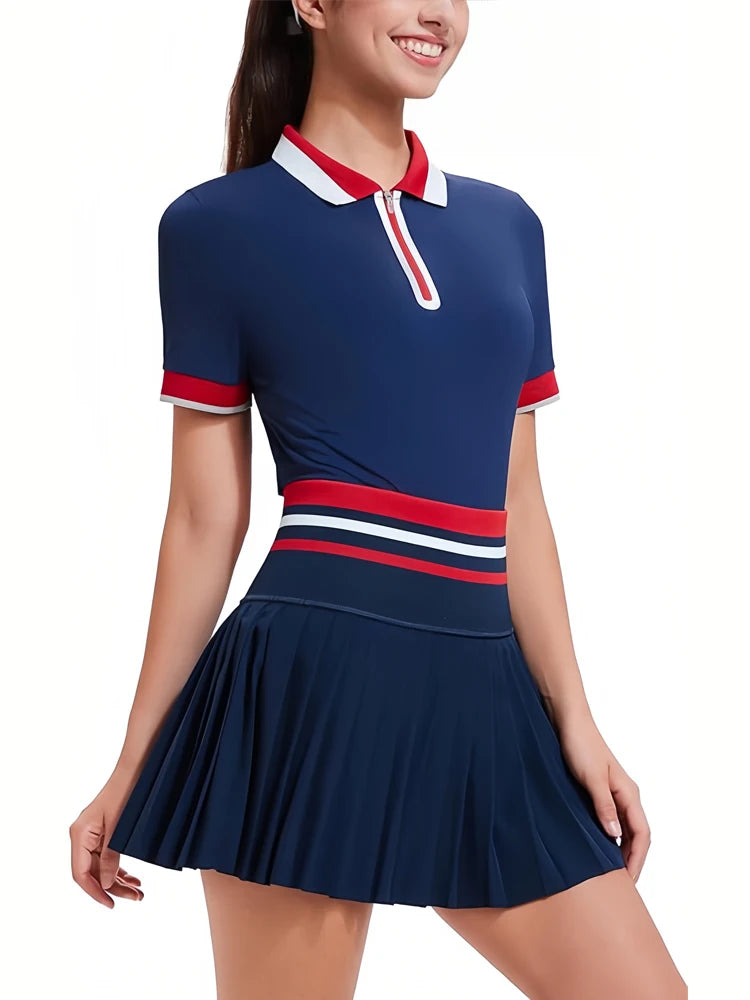 VITALINOVO Tennis Skirt Sets for Women Zipper Color Block Quarter Zip Golf Polo Shirts 2 Piece Athletic Skirt Set Outfit Workout
