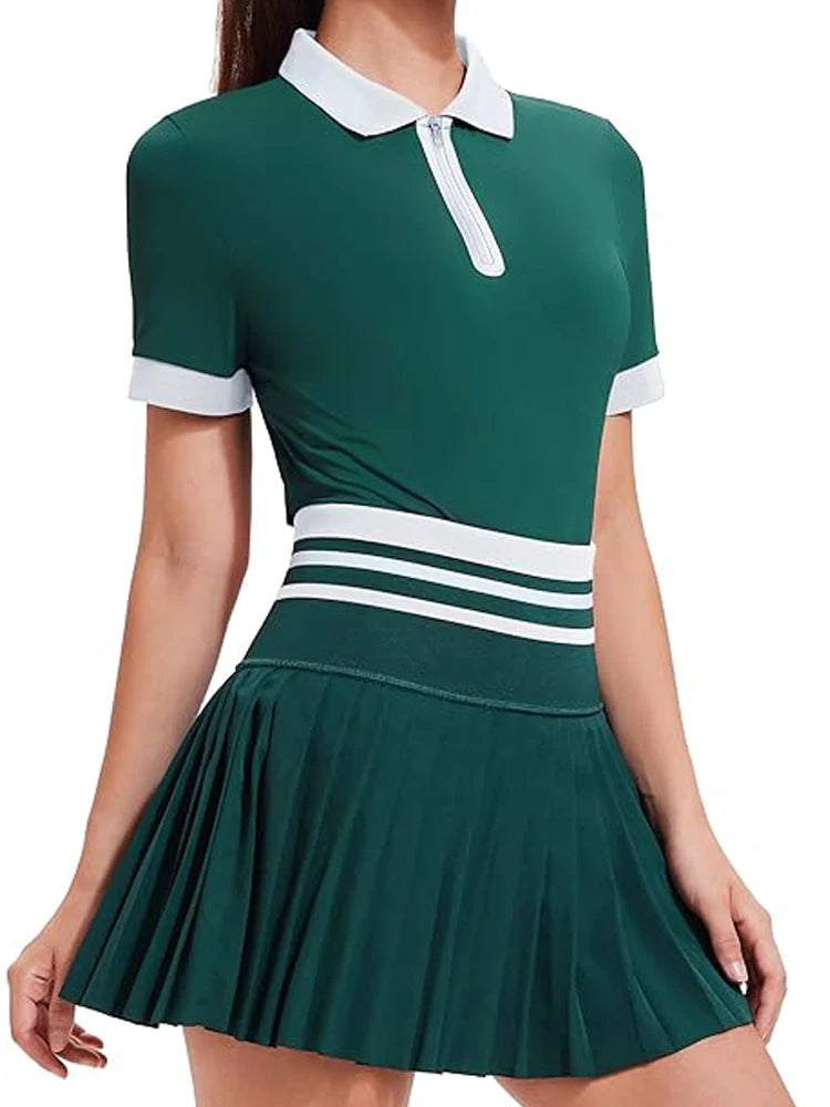 VITALINOVO Tennis Skirt Sets for Women Zipper Color Block Quarter Zip Golf Polo Shirts 2 Piece Athletic Skirt Set Outfit Workout