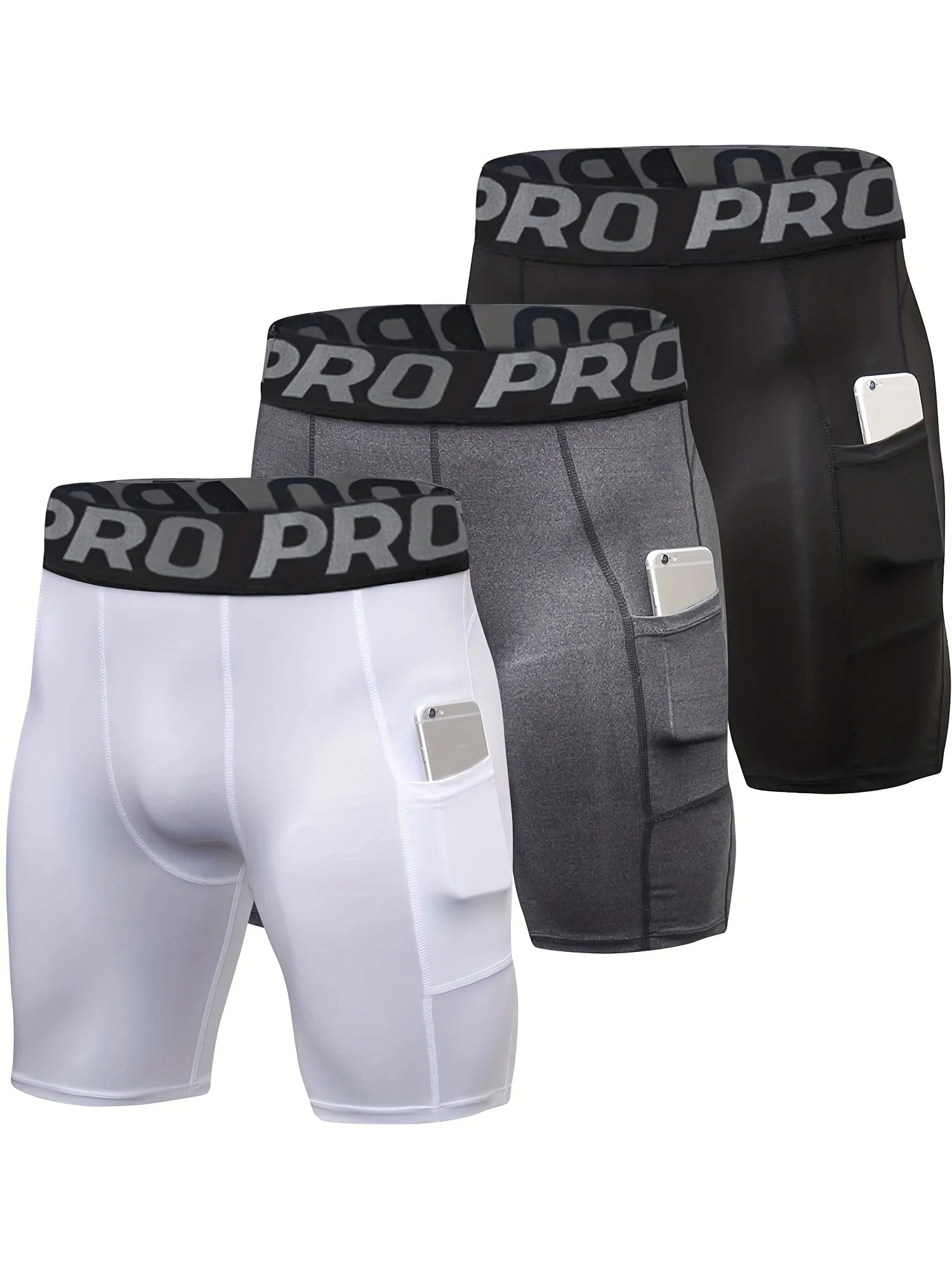 3 Pack Compression Shorts Men with Pocket, Spandex Running Shorts Sport Athletic Workout Performance Underwear