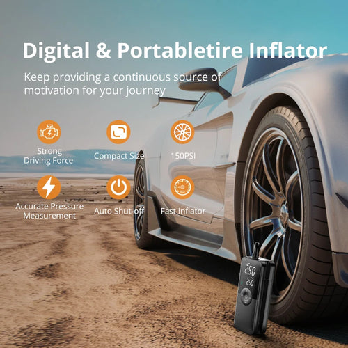 Compresor de Aire Portátil CARSUN 94 PSI – Inflador Inalámbrico Recargable con Pantalla Digital para Coche, Moto y Bicicleta